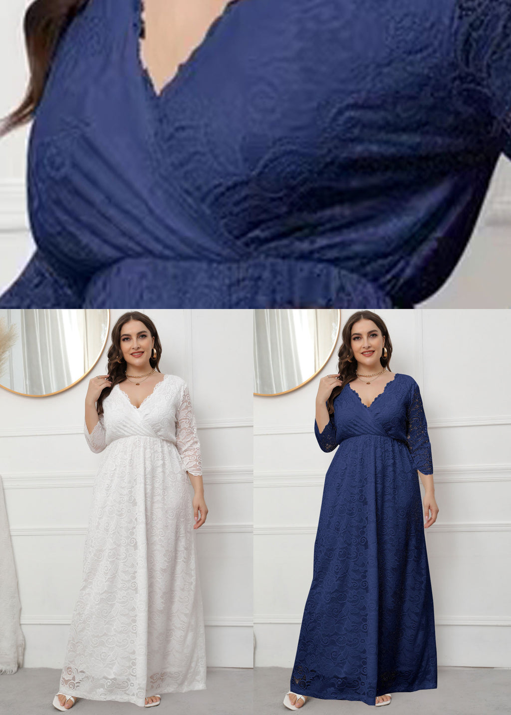 Navy Patchwork Loose Lace Party Dress V Neck Wrinkled Fall
