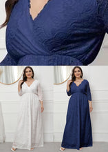 Load image into Gallery viewer, Navy Patchwork Loose Lace Party Dress V Neck Wrinkled Fall