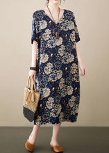 Load image into Gallery viewer, Navy Print Linen Robe Dresses V Neck Oversized Summer
