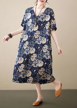 Load image into Gallery viewer, Navy Print Linen Robe Dresses V Neck Oversized Summer