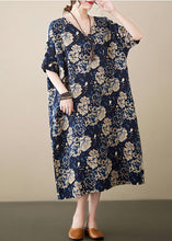 Load image into Gallery viewer, Navy Print Linen Robe Dresses V Neck Oversized Summer