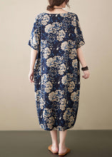 Load image into Gallery viewer, Navy Print Linen Robe Dresses V Neck Oversized Summer
