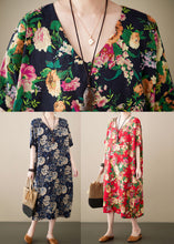 Load image into Gallery viewer, Navy Print Linen Robe Dresses V Neck Oversized Summer