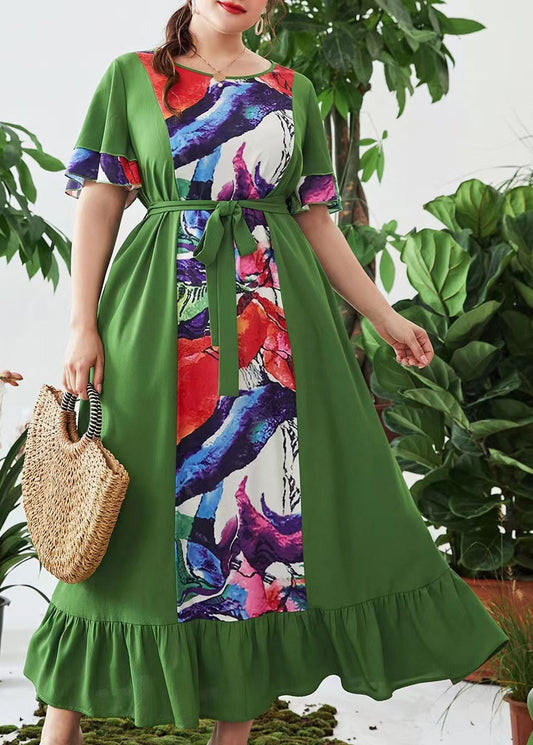 New Army Green Print Ruffled Tie Waist Chiffon Dresses Flare Sleeve