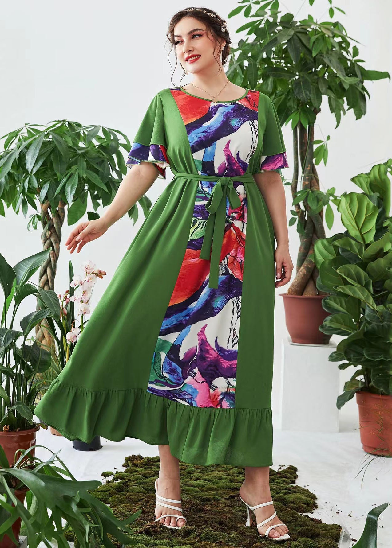 New Army Green Print Ruffled Tie Waist Chiffon Dresses Flare Sleeve