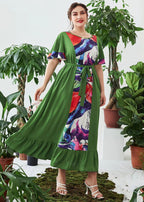 New Army Green Print Ruffled Tie Waist Chiffon Dresses Flare Sleeve