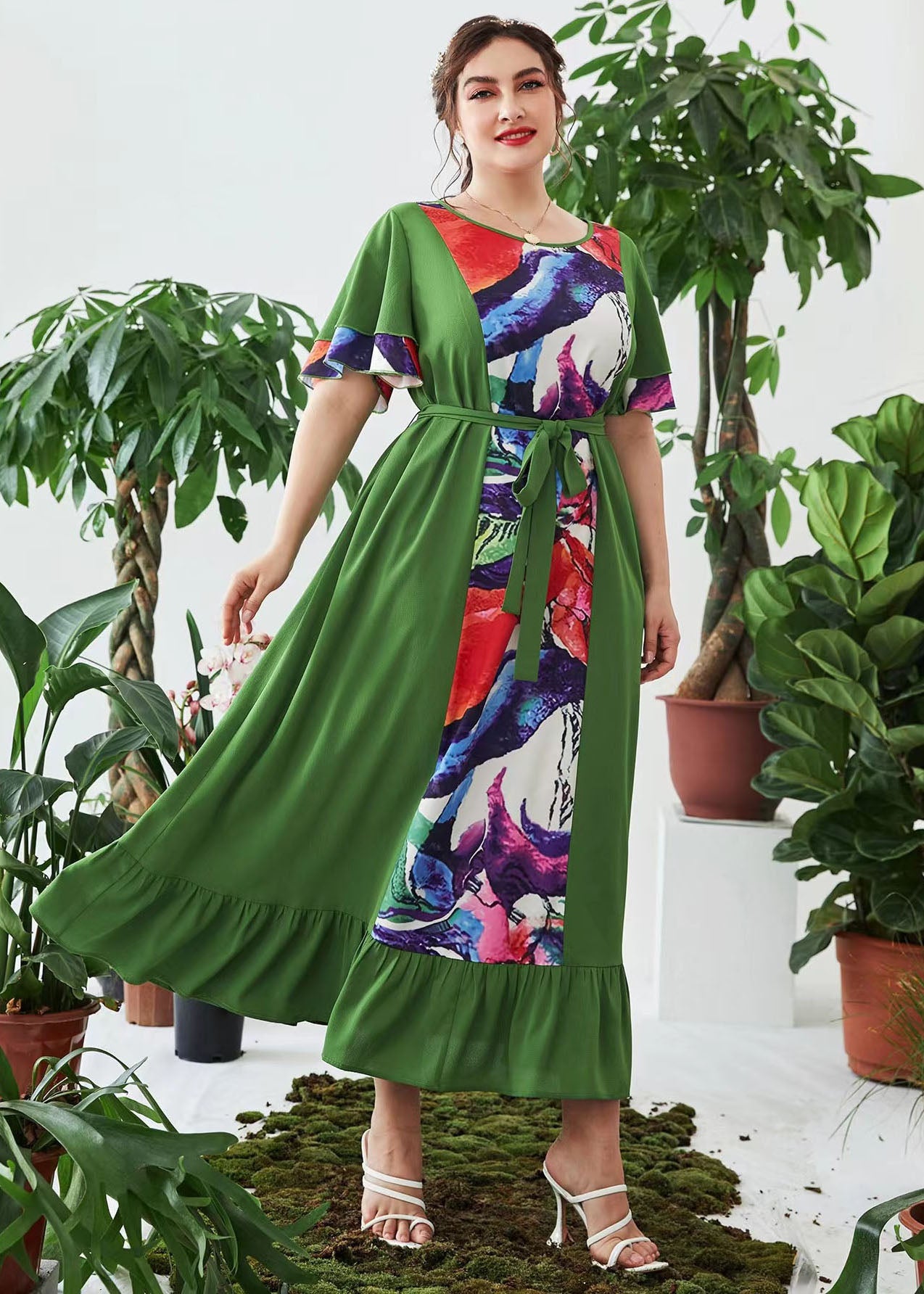 New Army Green Print Ruffled Tie Waist Chiffon Dresses Flare Sleeve