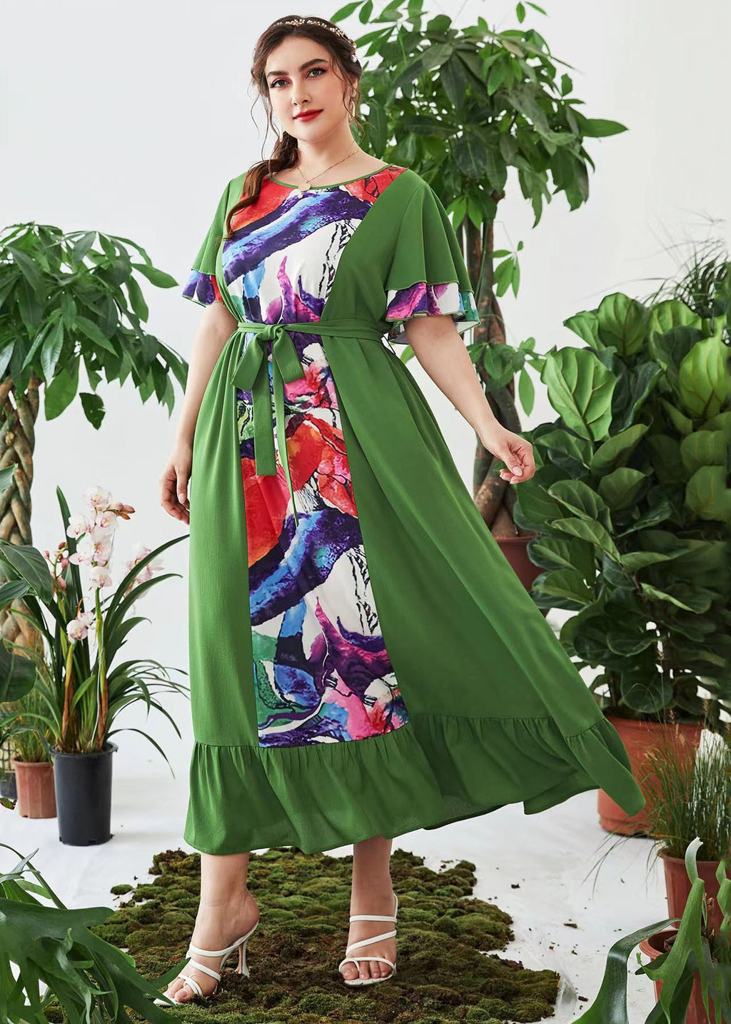 New Army Green Print Ruffled Tie Waist Chiffon Dresses Flare Sleeve