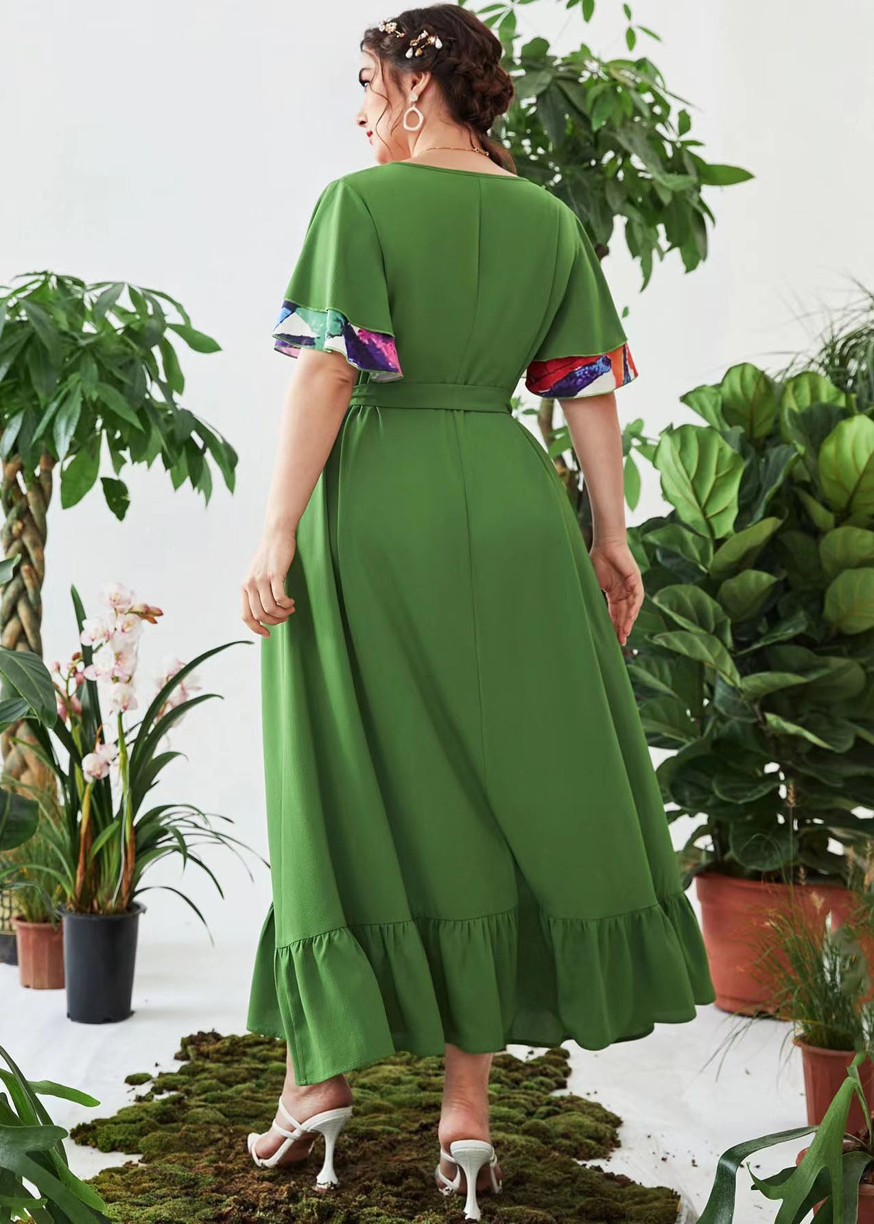 New Army Green Print Ruffled Tie Waist Chiffon Dresses Flare Sleeve