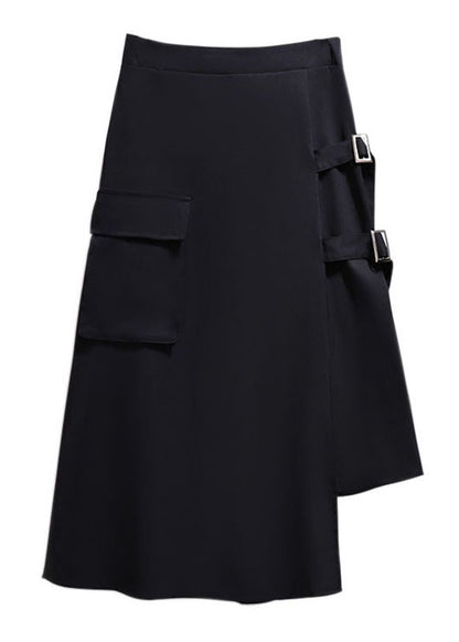 New Black Asymmetrical Pockets Patchwork Cotton Skirts Fall
