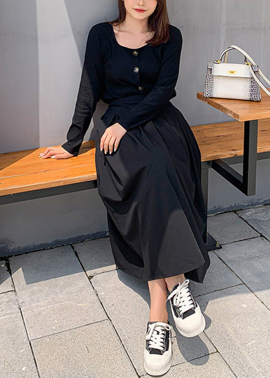 New Black Button Knit Tops And Pleated Skirt Two Piece Set Fall