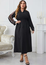 Load image into Gallery viewer, New Black Embroideried Lace Up Wrinkled Patchwork Cotton Long Dresses Fall