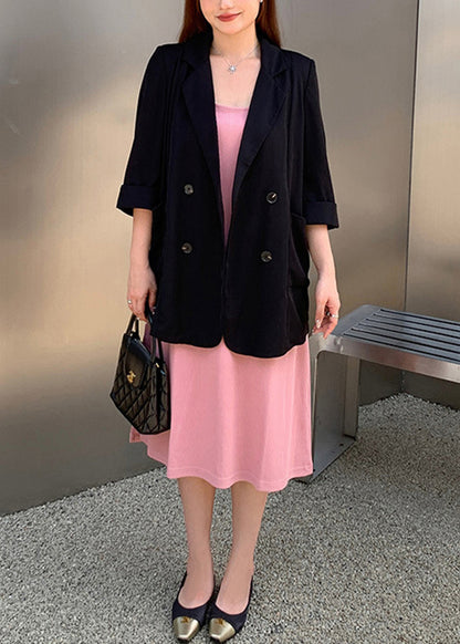 New Black Notched Spandex Coat And Pink Dress Two Pieces Set Fall