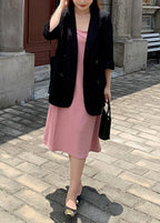 New Black Notched Spandex Coat And Pink Dress Two Pieces Set Fall
