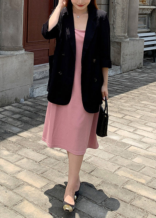 New Black Notched Spandex Coat And Pink Dress Two Pieces Set Fall