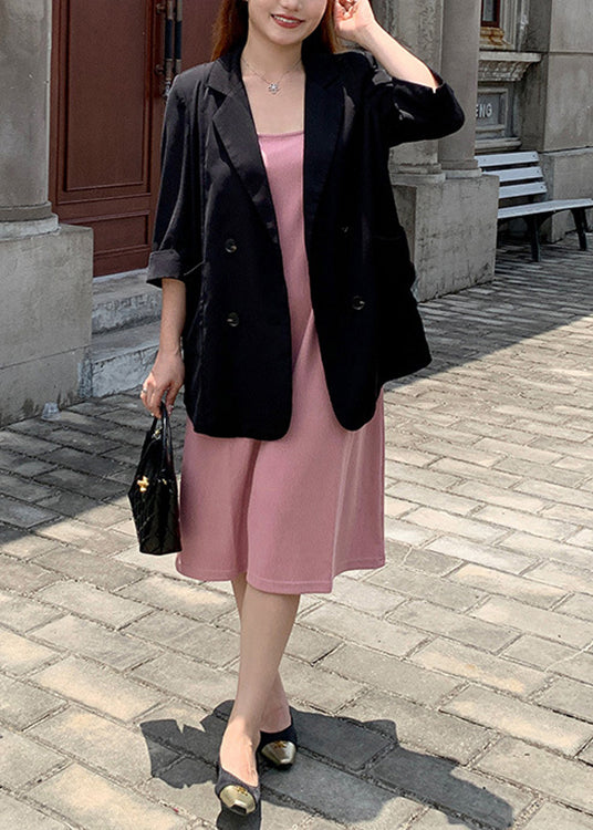 New Black Notched Spandex Coat And Pink Dress Two Pieces Set Fall