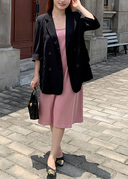 New Black Notched Spandex Coat And Pink Dress Two Pieces Set Fall