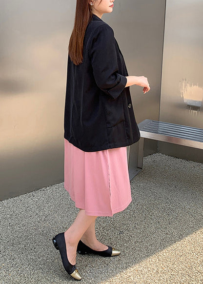 New Black Notched Spandex Coat And Pink Dress Two Pieces Set Fall