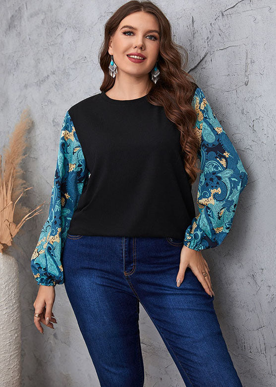 New Black O Neck Print Patchwork False Two Pieces Chiffon Tops Long Sleeve