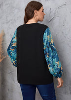 New Black O Neck Print Patchwork False Two Pieces Chiffon Tops Long Sleeve