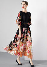 Load image into Gallery viewer, New Black Print Wrinkled Loose Patchwork Loose Chiffon Long Dresses Half Sleeve