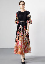 Load image into Gallery viewer, New Black Print Wrinkled Loose Patchwork Loose Chiffon Long Dresses Half Sleeve