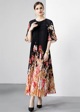 Load image into Gallery viewer, New Black Print Wrinkled Loose Patchwork Loose Chiffon Long Dresses Half Sleeve