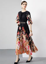 Load image into Gallery viewer, New Black Print Wrinkled Loose Patchwork Loose Chiffon Long Dresses Half Sleeve