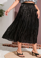 New Black Wrinkled Elastic Waist Patchwork Cotton Skirt Summer