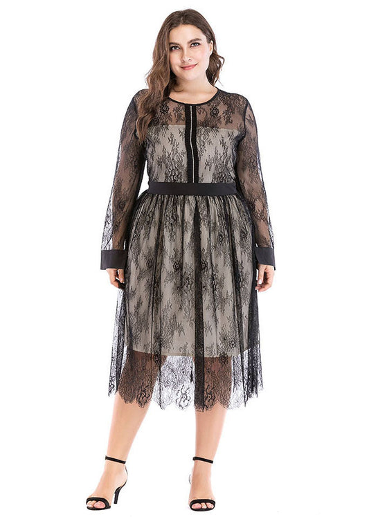 New Black Zircon LaceHollow Out Patchwork Tulle Dresses Fall