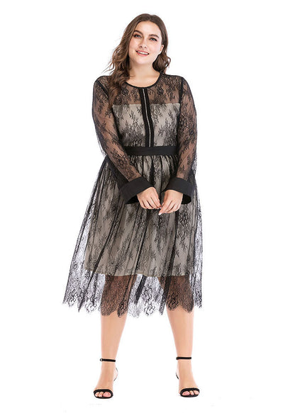 New Black Zircon LaceHollow Out Patchwork Tulle Dresses Fall