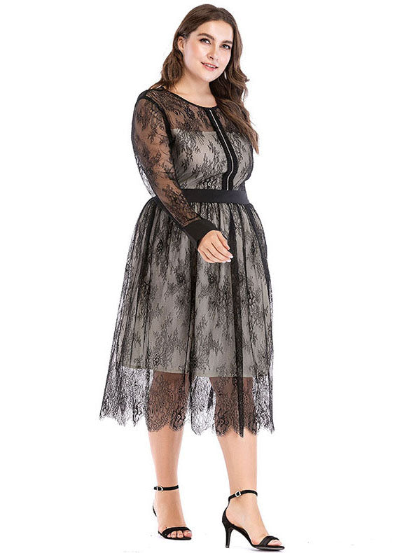 New Black Zircon LaceHollow Out Patchwork Tulle Dresses Fall