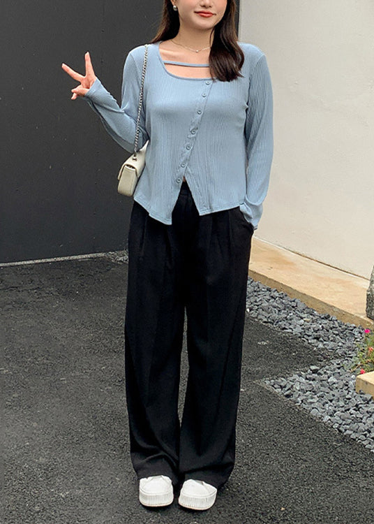 New Blue Asymmetrical Knitting Tops And Pants Patchwork Two Piece Set Fall