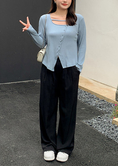 New Blue Asymmetrical Knitting Tops And Pants Patchwork Two Piece Set Fall