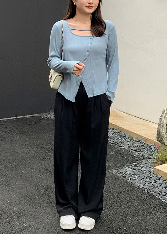 New Blue Asymmetrical Knitting Tops And Pants Patchwork Two Piece Set Fall