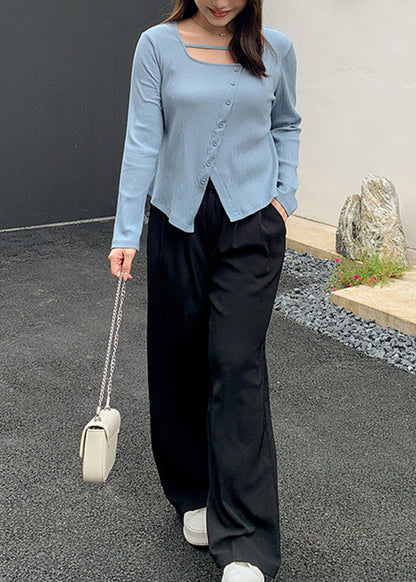 New Blue Asymmetrical Knitting Tops And Pants Patchwork Two Piece Set Fall