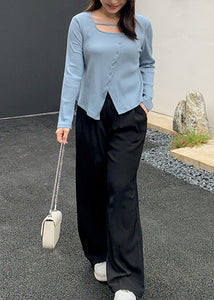 New Blue Asymmetrical Knitting Tops And Pants Patchwork Two Piece Set Fall