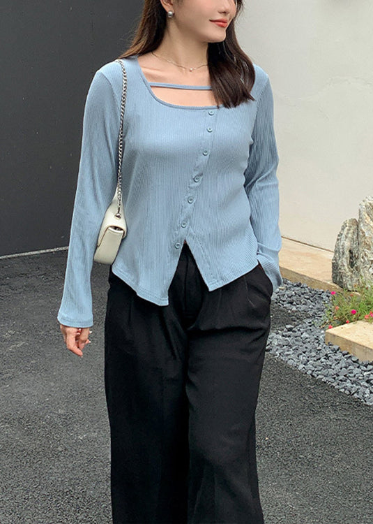 New Blue Asymmetrical Knitting Tops And Pants Patchwork Two Piece Set Fall