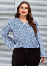 Load image into Gallery viewer, New Blue V Neck Ruffled Print Patchwork Chiffon Tops Long sleeve