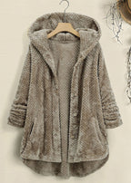 New Brown Hooded Low High Design Patchwork Teddy Faux Fur Coats Fall