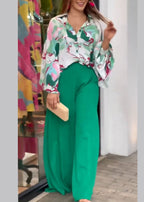 New Green Print Shirts And Wide Leg Pants Cotton Two Pieces Set Fall