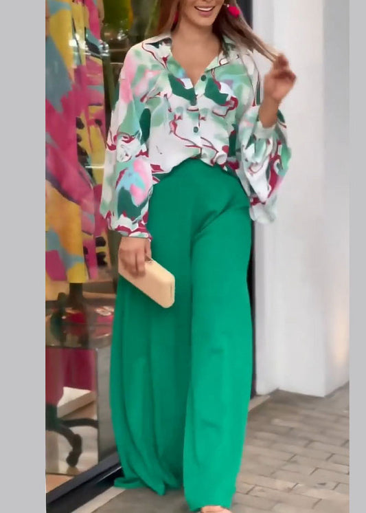 New Green Print Shirts And Wide Leg Pants Cotton Two Pieces Set Fall