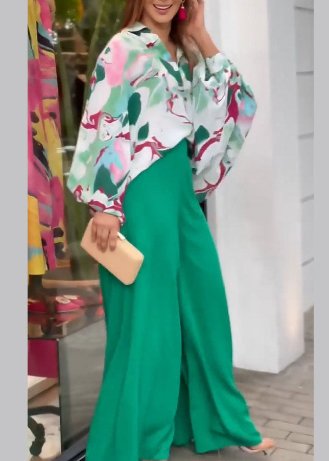 New Green Print Shirts And Wide Leg Pants Cotton Two Pieces Set Fall