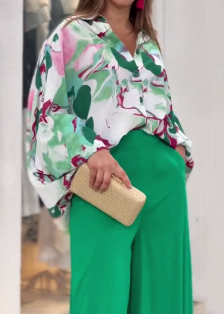 New Green Print Shirts And Wide Leg Pants Cotton Two Pieces Set Fall