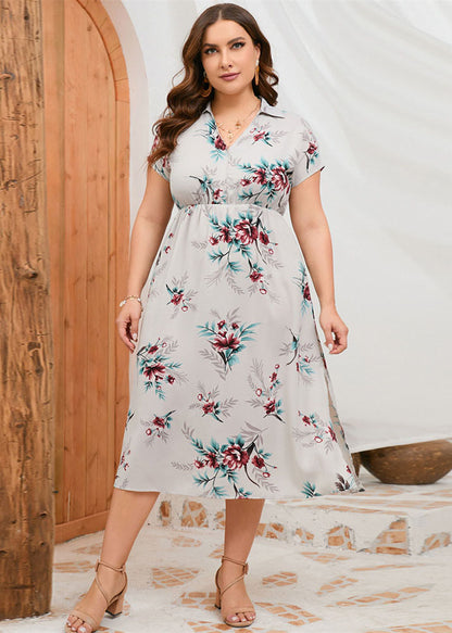 New Light Grey Print Side Open Patchwork Chiffon Dresses Summer