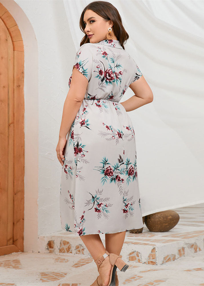 New Light Grey Print Side Open Patchwork Chiffon Dresses Summer