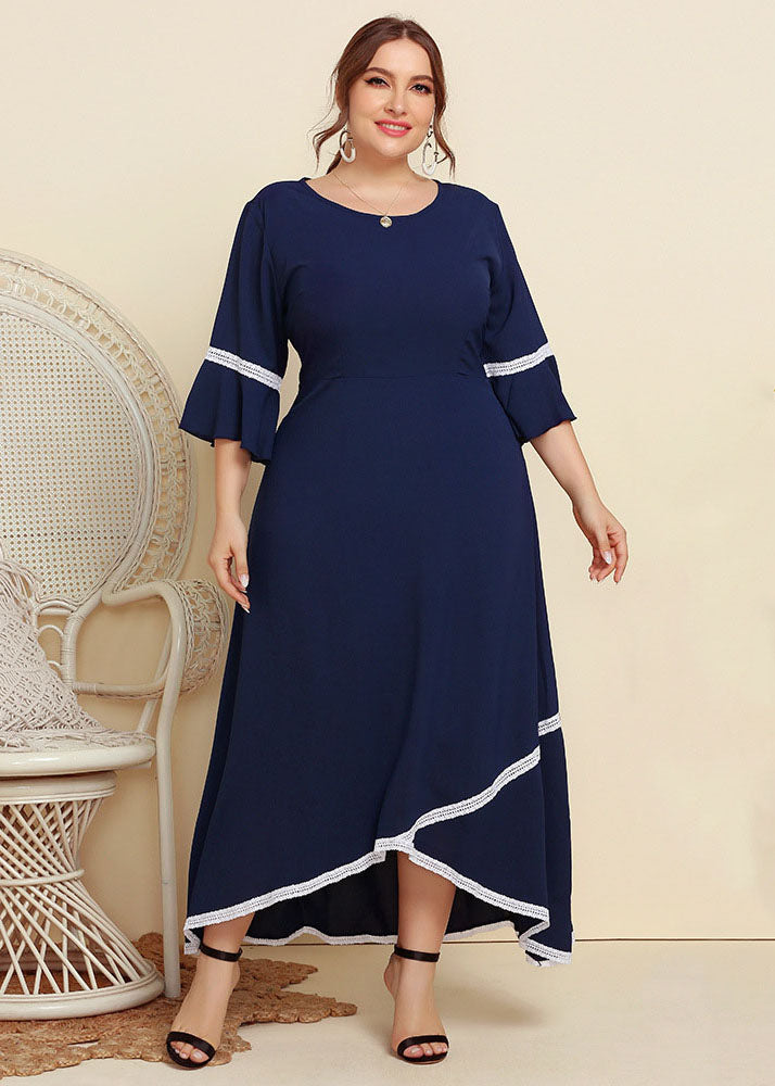 New Navy Lace Asymmetrical Patchwork Chiffon Long Dresses Flare Sleeve