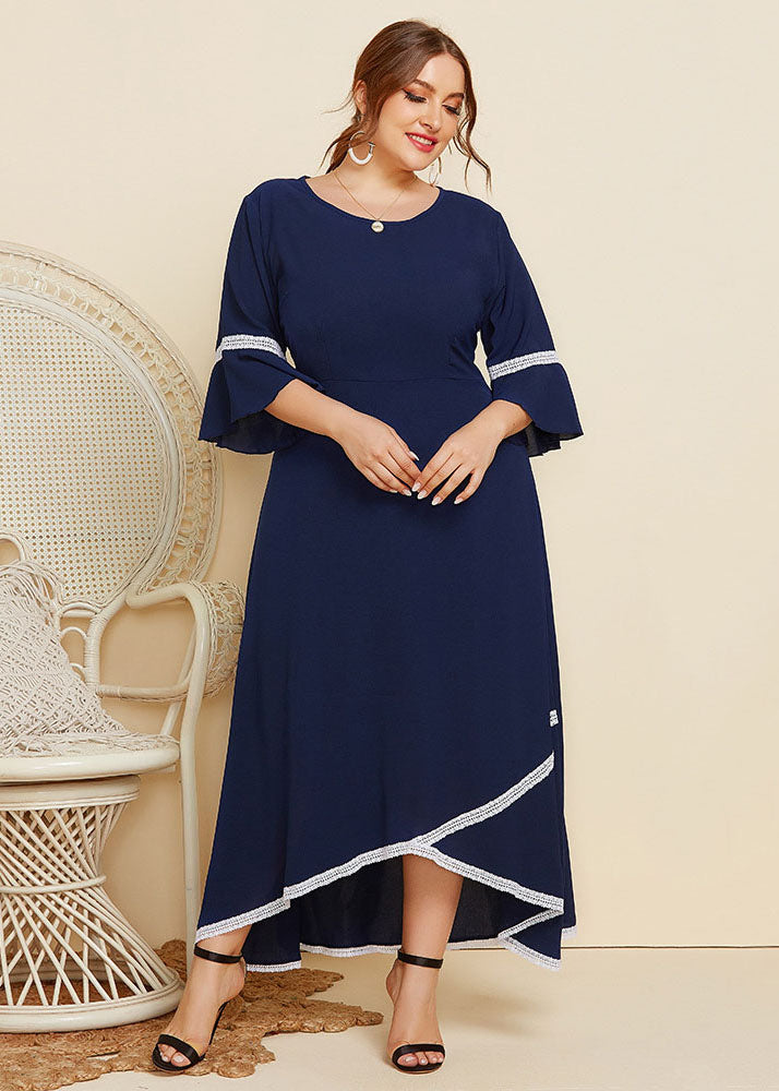 New Navy Lace Asymmetrical Patchwork Chiffon Long Dresses Flare Sleeve