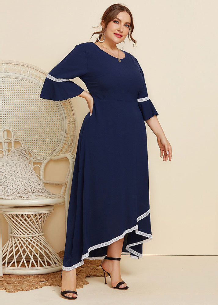 New Navy Lace Asymmetrical Patchwork Chiffon Long Dresses Flare Sleeve