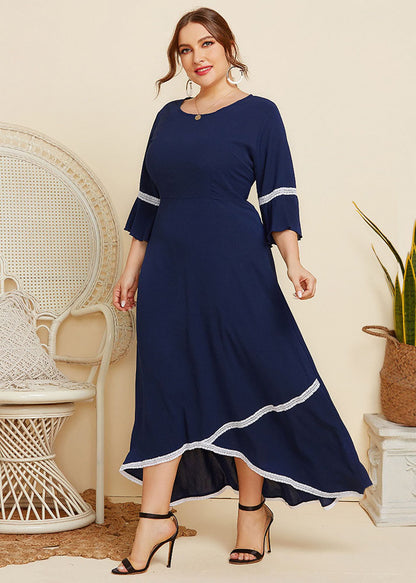 New Navy Lace Asymmetrical Patchwork Chiffon Long Dresses Flare Sleeve